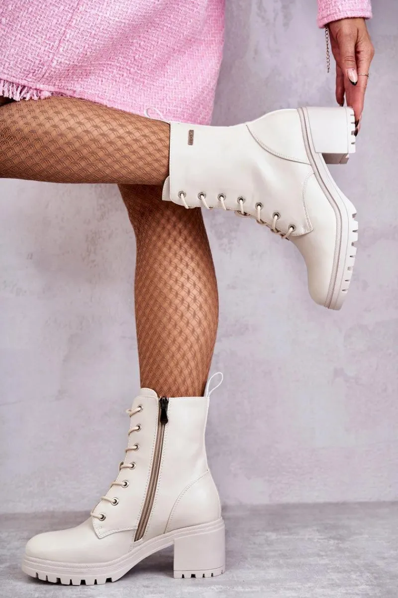 Damskie Trapery|Botki Sznurowane>Buty damskie Vinceza Damskie Ocieplane Botki Na Obcasie Jasny Beż Grethe