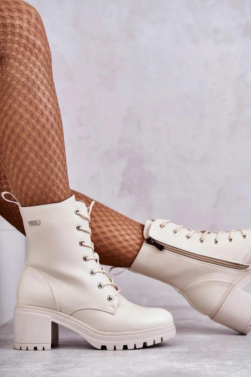 Damskie Trapery|Botki Sznurowane>Buty damskie Vinceza Damskie Ocieplane Botki Na Obcasie Jasny Beż Grethe