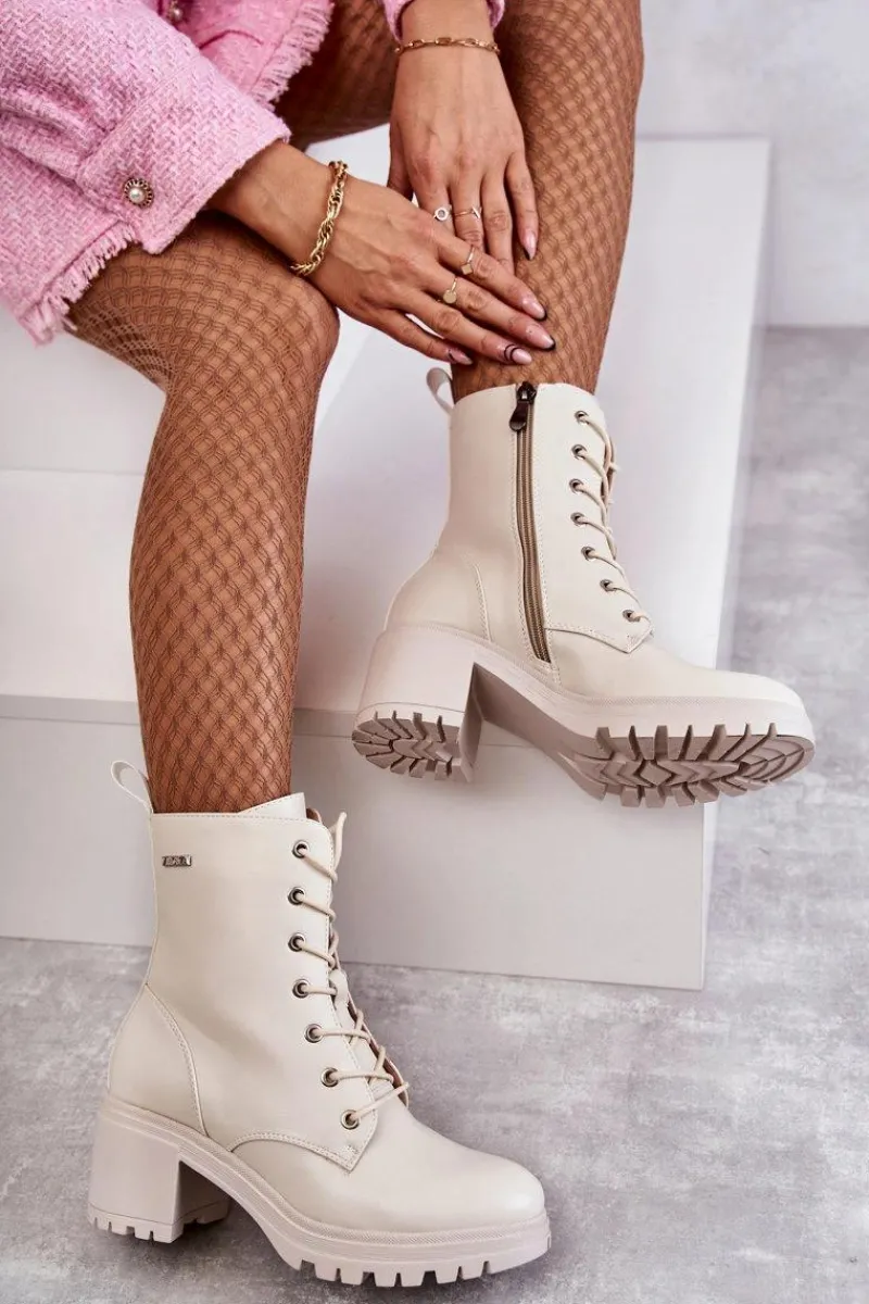 Damskie Trapery|Botki Sznurowane>Buty damskie Vinceza Damskie Ocieplane Botki Na Obcasie Jasny Beż Grethe