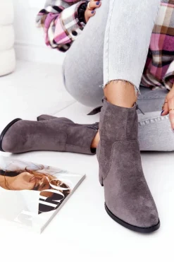 Online Damskie Ocieplane Botki Na Słupku Szare Kayla Damskie Botki Na Słupku|Czarne Botki
