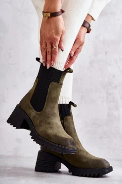 Botki Na Słupku|Czarne Botki>Boto Damskie Ocieplane Botki Na Obcasie Zielone Abella