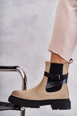 Outlet Boto Damskie Ocieplane Botki Sztyblety Z Paskiem Beżowe Jose