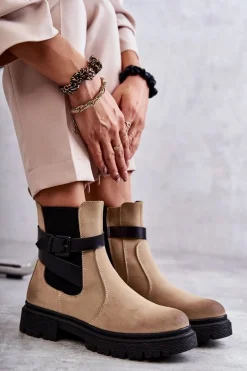 Outlet Boto Damskie Ocieplane Botki Sztyblety Z Paskiem Beżowe Jose