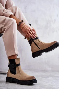 Outlet Boto Damskie Ocieplane Botki Sztyblety Z Paskiem Beżowe Jose
