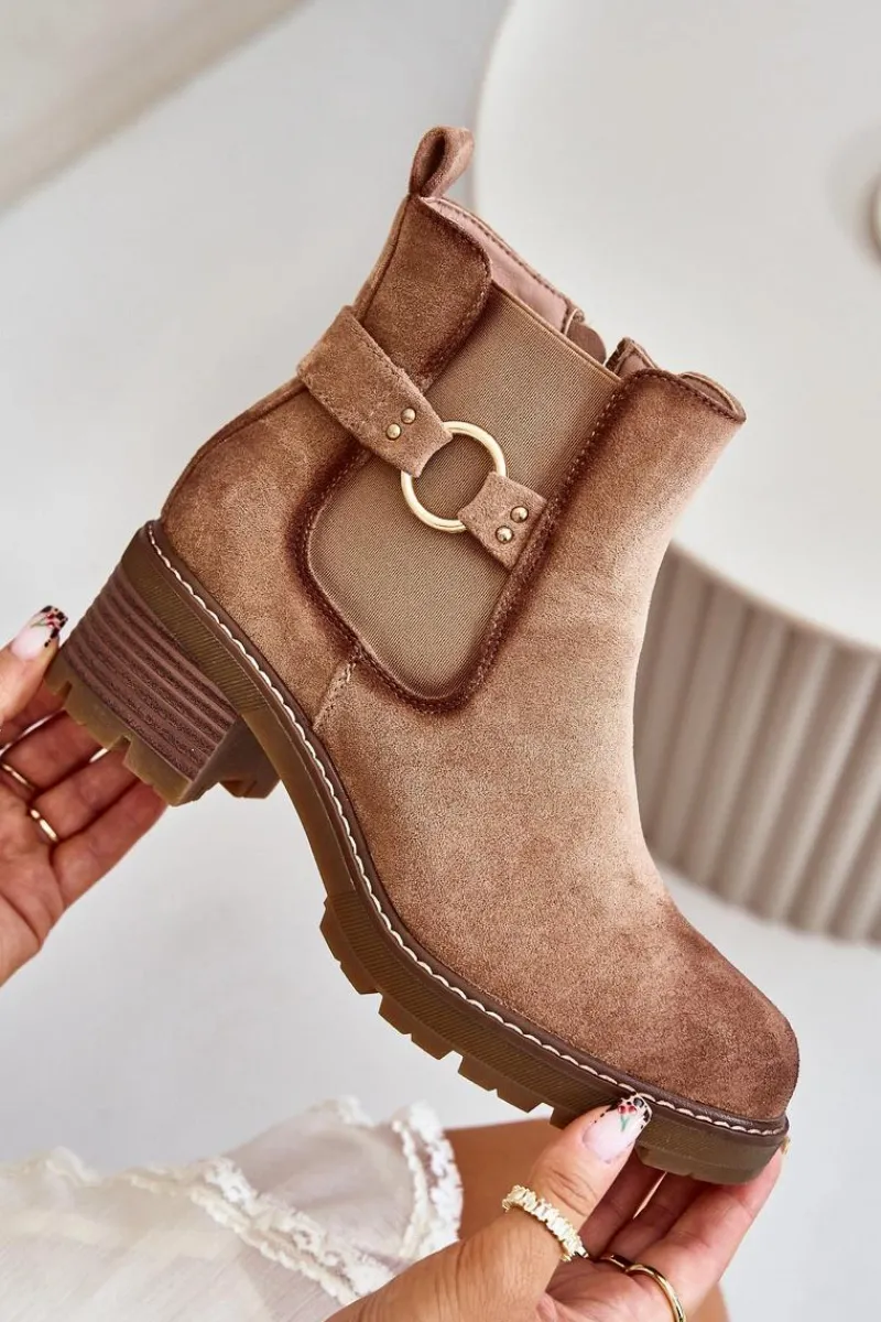 Discount Boto Damskie Ocieplane Botki Sztyblety Na Obcasie Ze Złotym Detalem Eko Zamszowe Jasnobrązowe Mailta