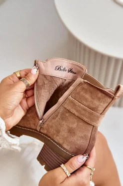 Discount Boto Damskie Ocieplane Botki Sztyblety Na Obcasie Ze Złotym Detalem Eko Zamszowe Jasnobrązowe Mailta