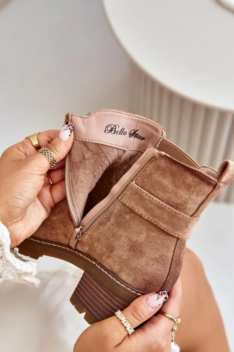 Discount Boto Damskie Ocieplane Botki Sztyblety Na Obcasie Ze Złotym Detalem Eko Zamszowe Jasnobrązowe Mailta