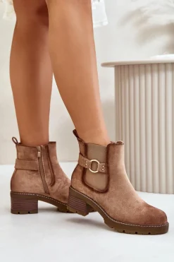 Discount Boto Damskie Ocieplane Botki Sztyblety Na Obcasie Ze Złotym Detalem Eko Zamszowe Jasnobrązowe Mailta