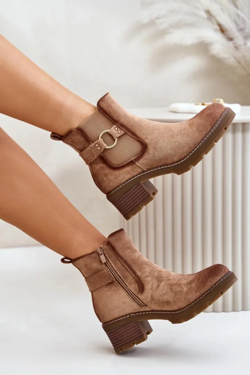 Discount Boto Damskie Ocieplane Botki Sztyblety Na Obcasie Ze Złotym Detalem Eko Zamszowe Jasnobrązowe Mailta