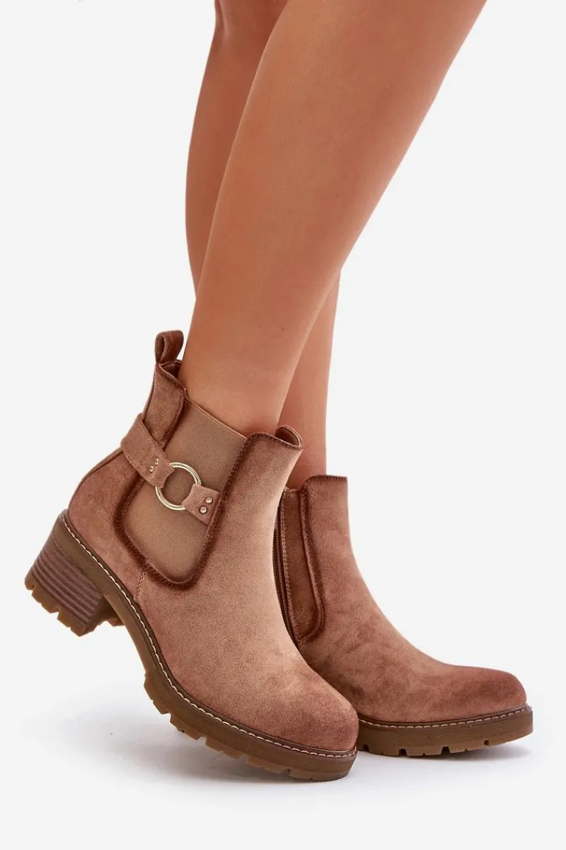 Discount Boto Damskie Ocieplane Botki Sztyblety Na Obcasie Ze Złotym Detalem Eko Zamszowe Jasnobrązowe Mailta