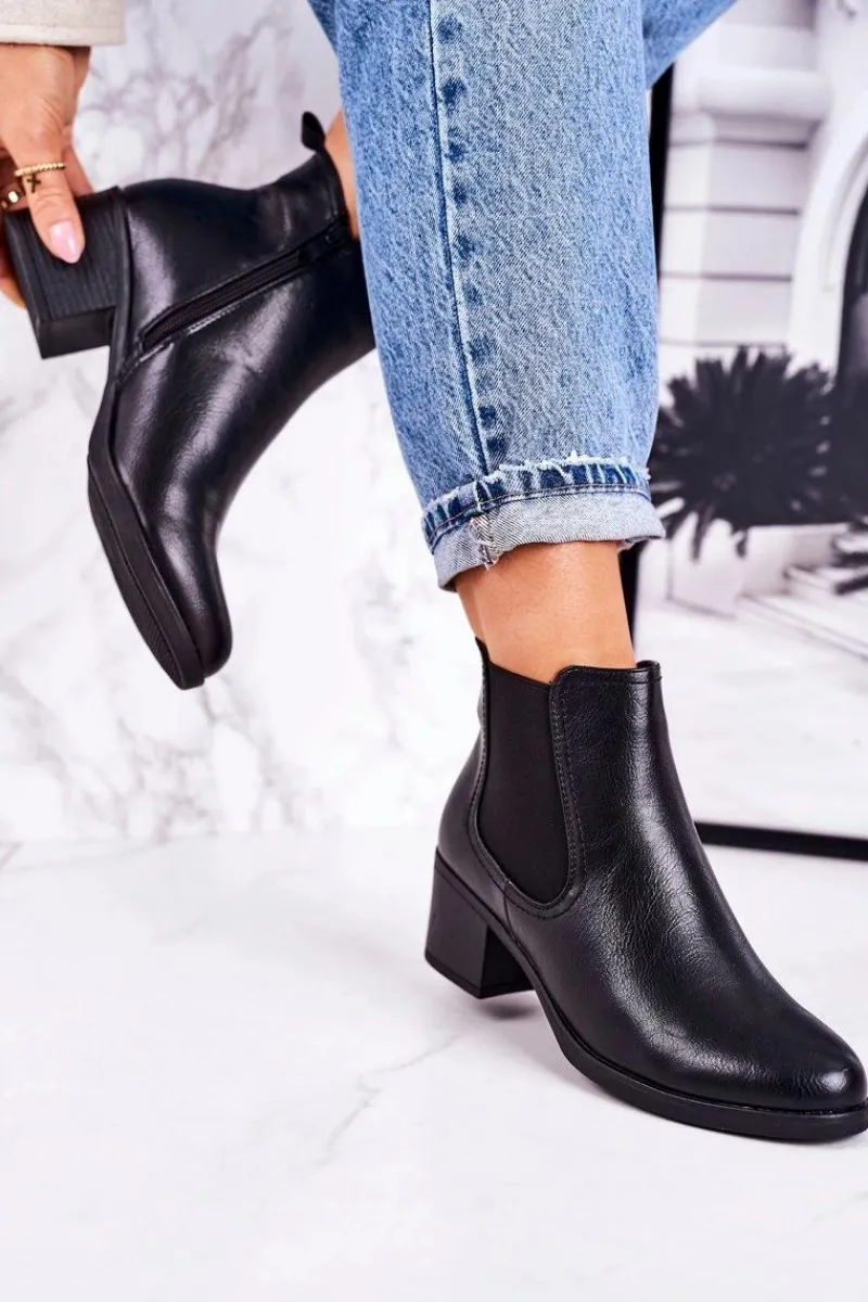 Botki Na Słupku|Czarne Botki>Boto Damskie Ocieplane Botki Sztyblety Na Obcasie Czarne Forevermore