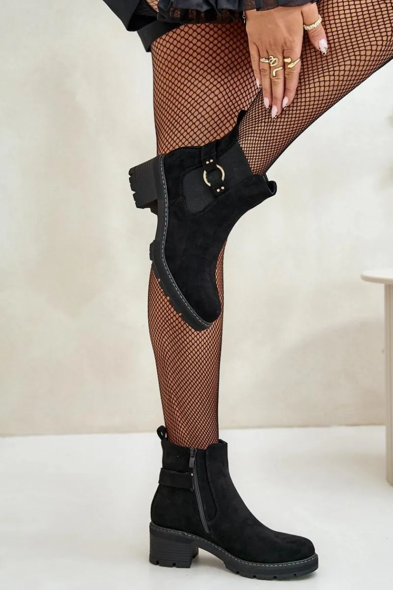 Hot Damskie Ocieplane Botki Sztyblety Na Obcasie Ze Złotym Detalem Eko Zamszowe Czarne Mailta Damskie Botki Na Słupku|Botki Zimowe Damskie