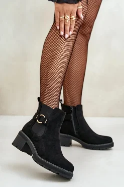 Hot Damskie Ocieplane Botki Sztyblety Na Obcasie Ze Złotym Detalem Eko Zamszowe Czarne Mailta Damskie Botki Na Słupku|Botki Zimowe Damskie