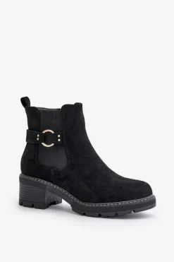 Hot Damskie Ocieplane Botki Sztyblety Na Obcasie Ze Złotym Detalem Eko Zamszowe Czarne Mailta Damskie Botki Na Słupku|Botki Zimowe Damskie