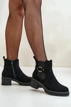 Hot Damskie Ocieplane Botki Sztyblety Na Obcasie Ze Złotym Detalem Eko Zamszowe Czarne Mailta Damskie Botki Na Słupku|Botki Zimowe Damskie