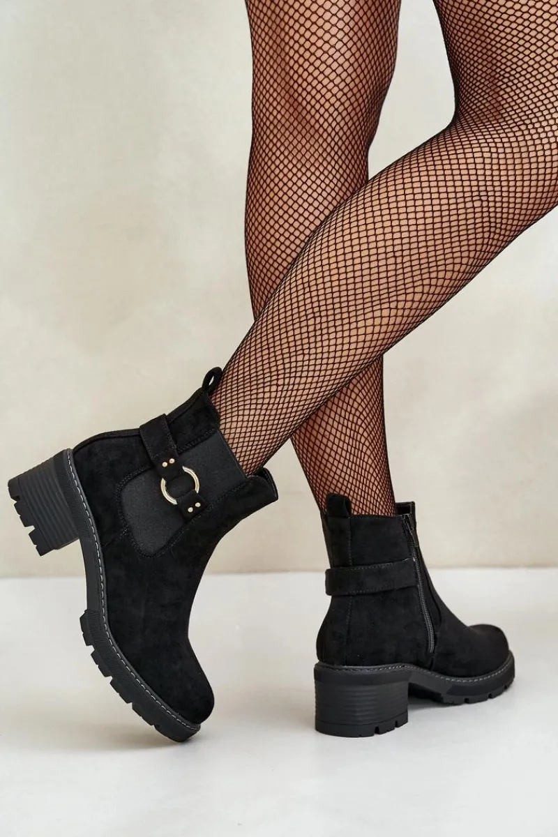 Hot Damskie Ocieplane Botki Sztyblety Na Obcasie Ze Złotym Detalem Eko Zamszowe Czarne Mailta Damskie Botki Na Słupku|Botki Zimowe Damskie