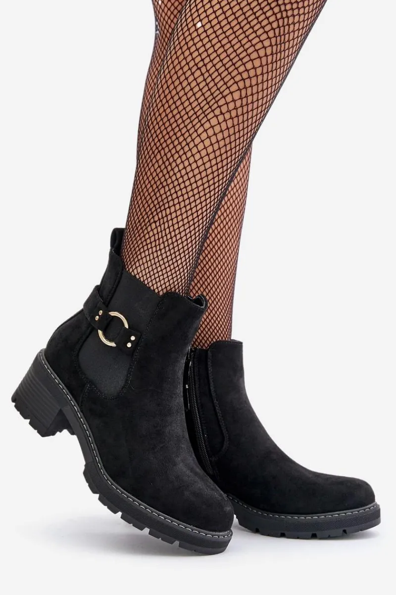 Hot Damskie Ocieplane Botki Sztyblety Na Obcasie Ze Złotym Detalem Eko Zamszowe Czarne Mailta Damskie Botki Na Słupku|Botki Zimowe Damskie