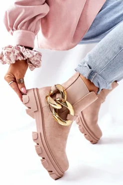 Botki Zimowe Damskie|Botki Płaskie>Damskie buty S.Barski Damskie Ocieplane Botki Sztyblety Beżowe Visione