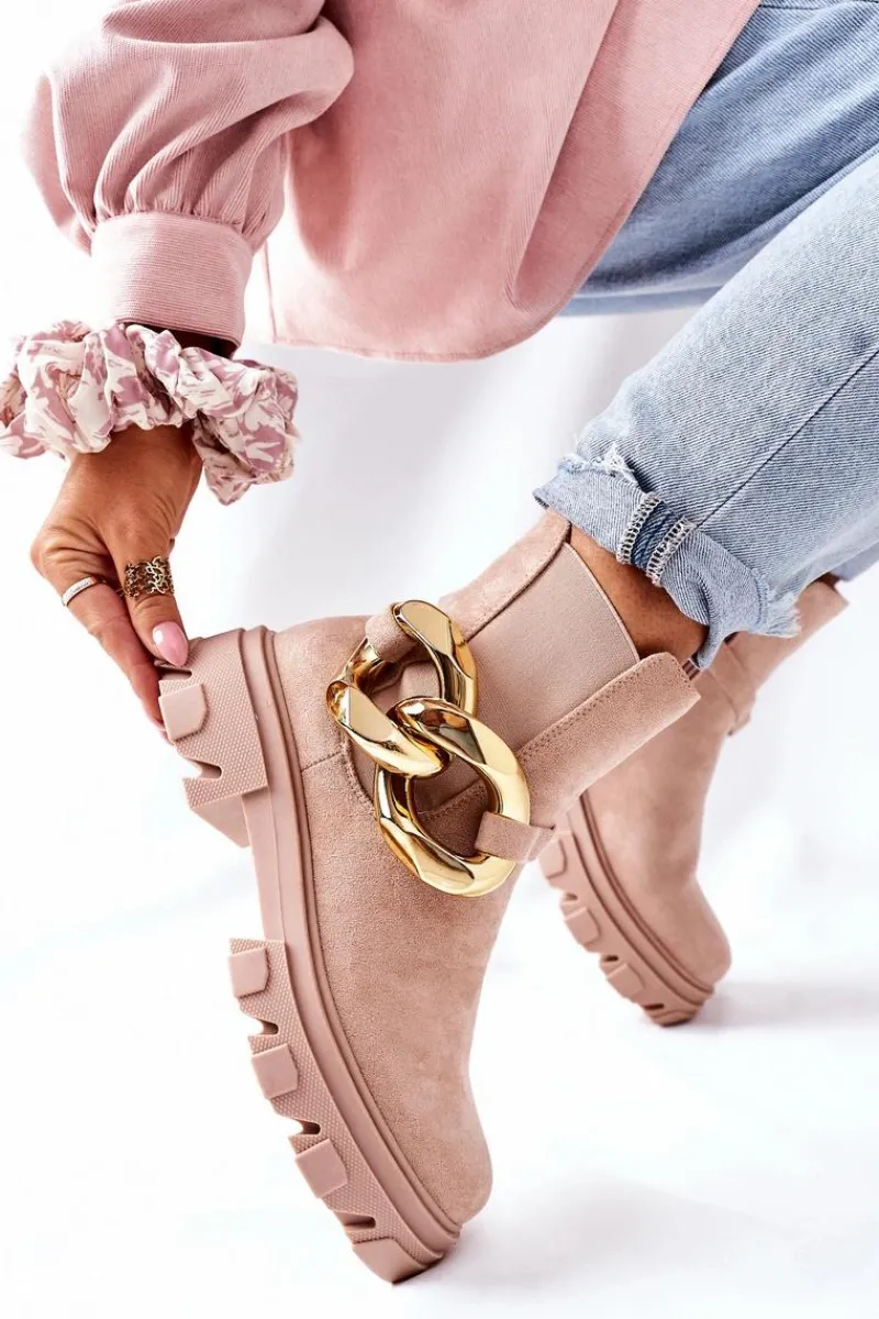 Botki Zimowe Damskie|Botki Płaskie>Damskie buty S.Barski Damskie Ocieplane Botki Sztyblety Beżowe Visione