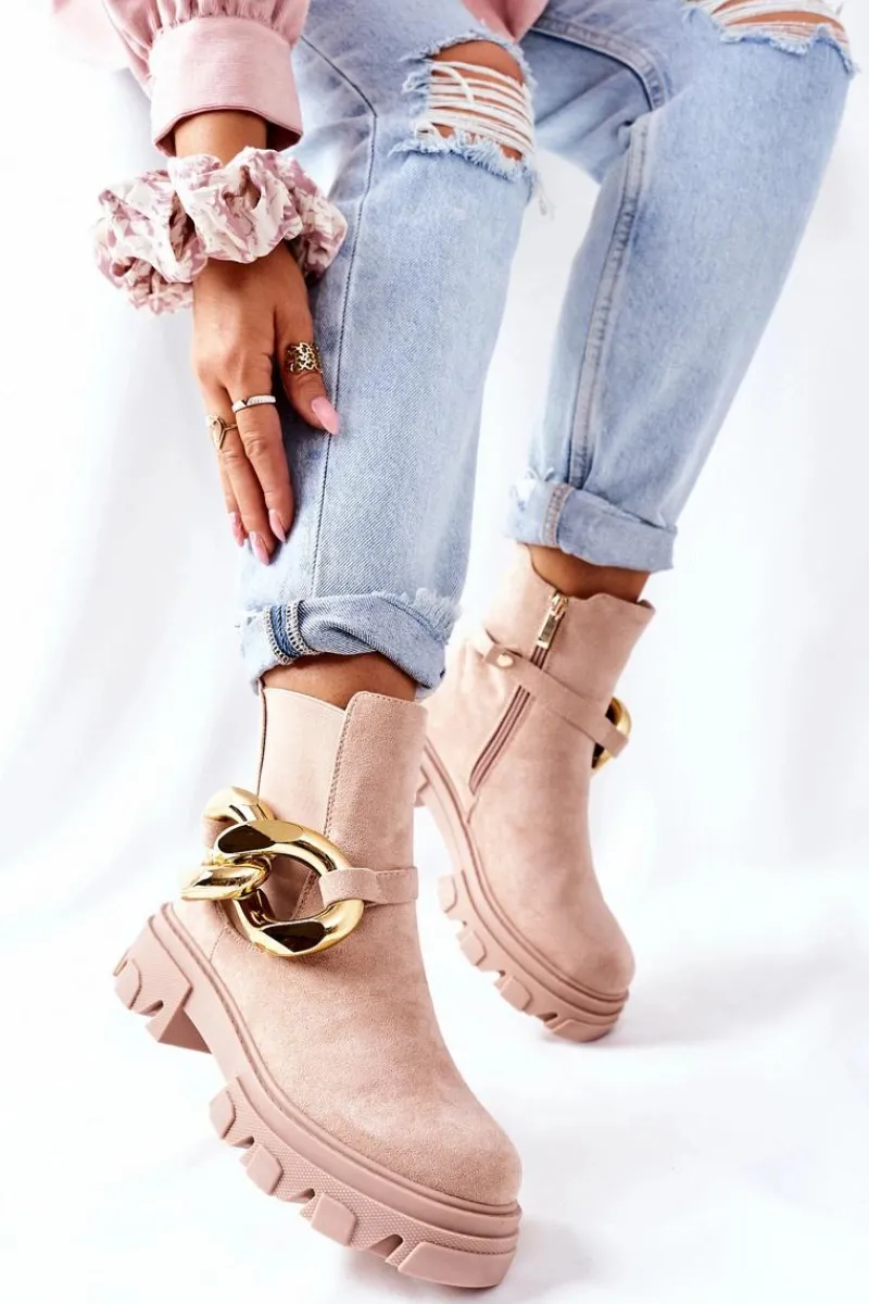 Botki Zimowe Damskie|Botki Płaskie>Damskie buty S.Barski Damskie Ocieplane Botki Sztyblety Beżowe Visione