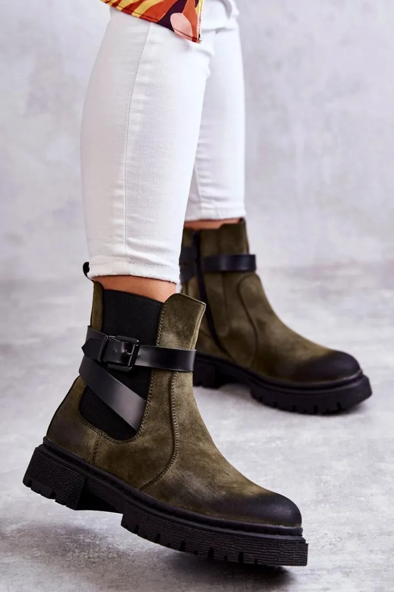 Botki Zimowe Damskie|Brązowe I Beżowe Botki>Boto Damskie Ocieplane Botki Sztyblety Z Paskiem Zielone Jose