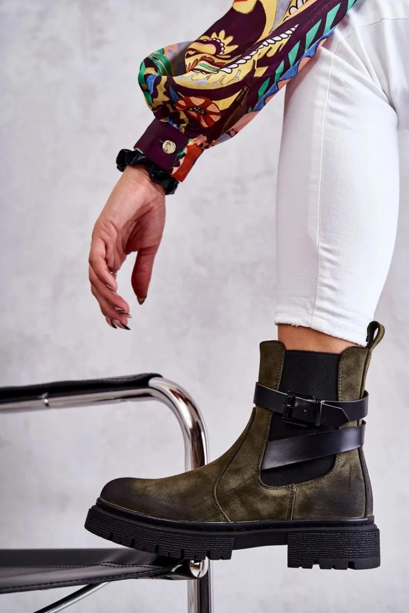 Botki Zimowe Damskie|Brązowe I Beżowe Botki>Boto Damskie Ocieplane Botki Sztyblety Z Paskiem Zielone Jose