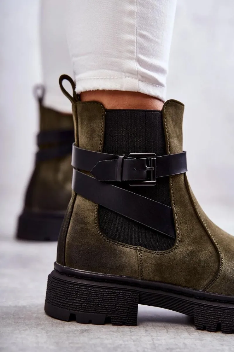 Botki Zimowe Damskie|Brązowe I Beżowe Botki>Boto Damskie Ocieplane Botki Sztyblety Z Paskiem Zielone Jose