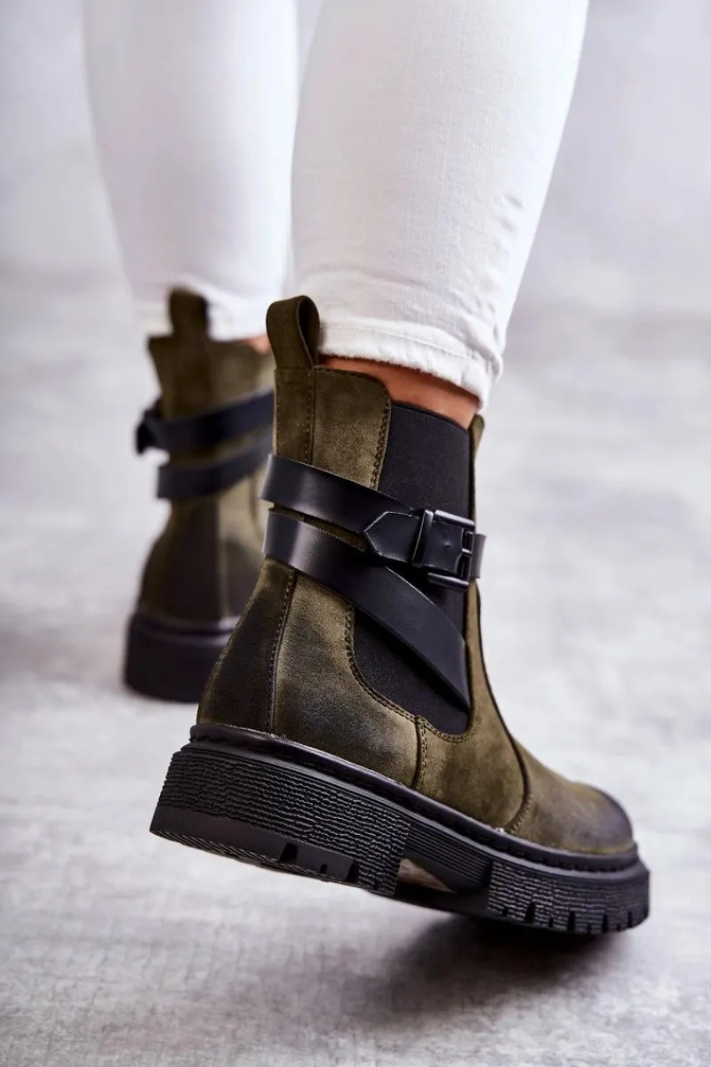 Botki Zimowe Damskie|Brązowe I Beżowe Botki>Boto Damskie Ocieplane Botki Sztyblety Z Paskiem Zielone Jose