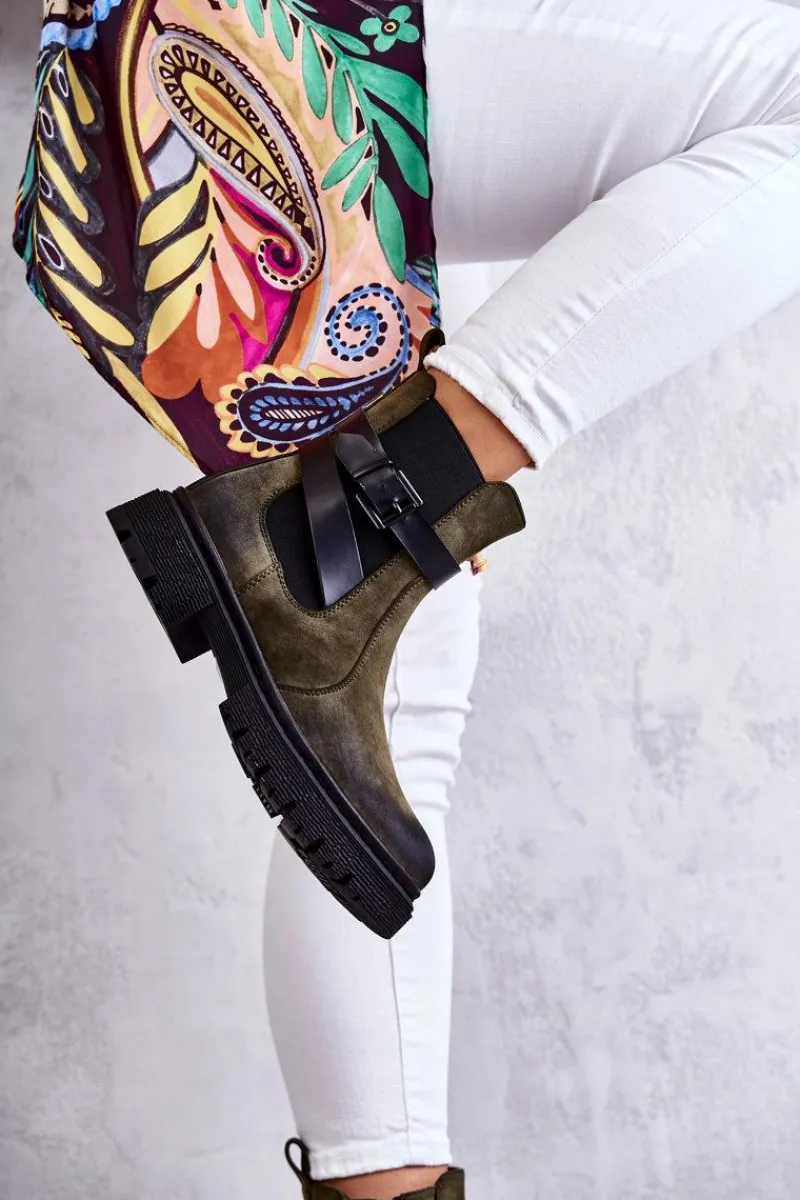 Botki Zimowe Damskie|Brązowe I Beżowe Botki>Boto Damskie Ocieplane Botki Sztyblety Z Paskiem Zielone Jose