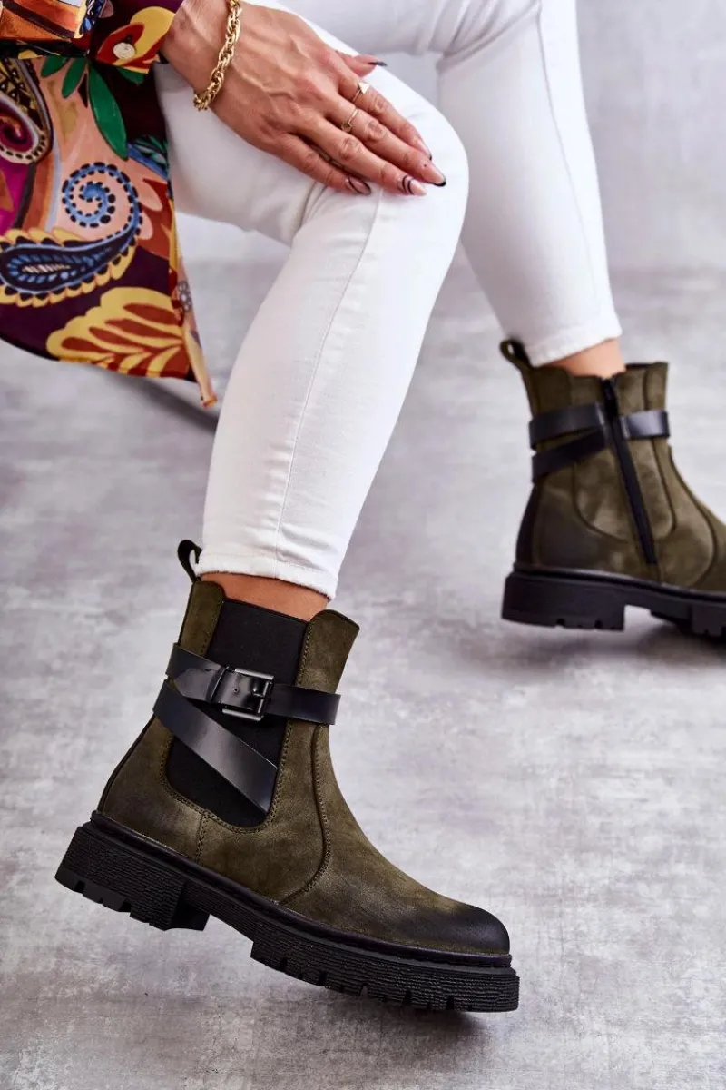 Botki Zimowe Damskie|Brązowe I Beżowe Botki>Boto Damskie Ocieplane Botki Sztyblety Z Paskiem Zielone Jose