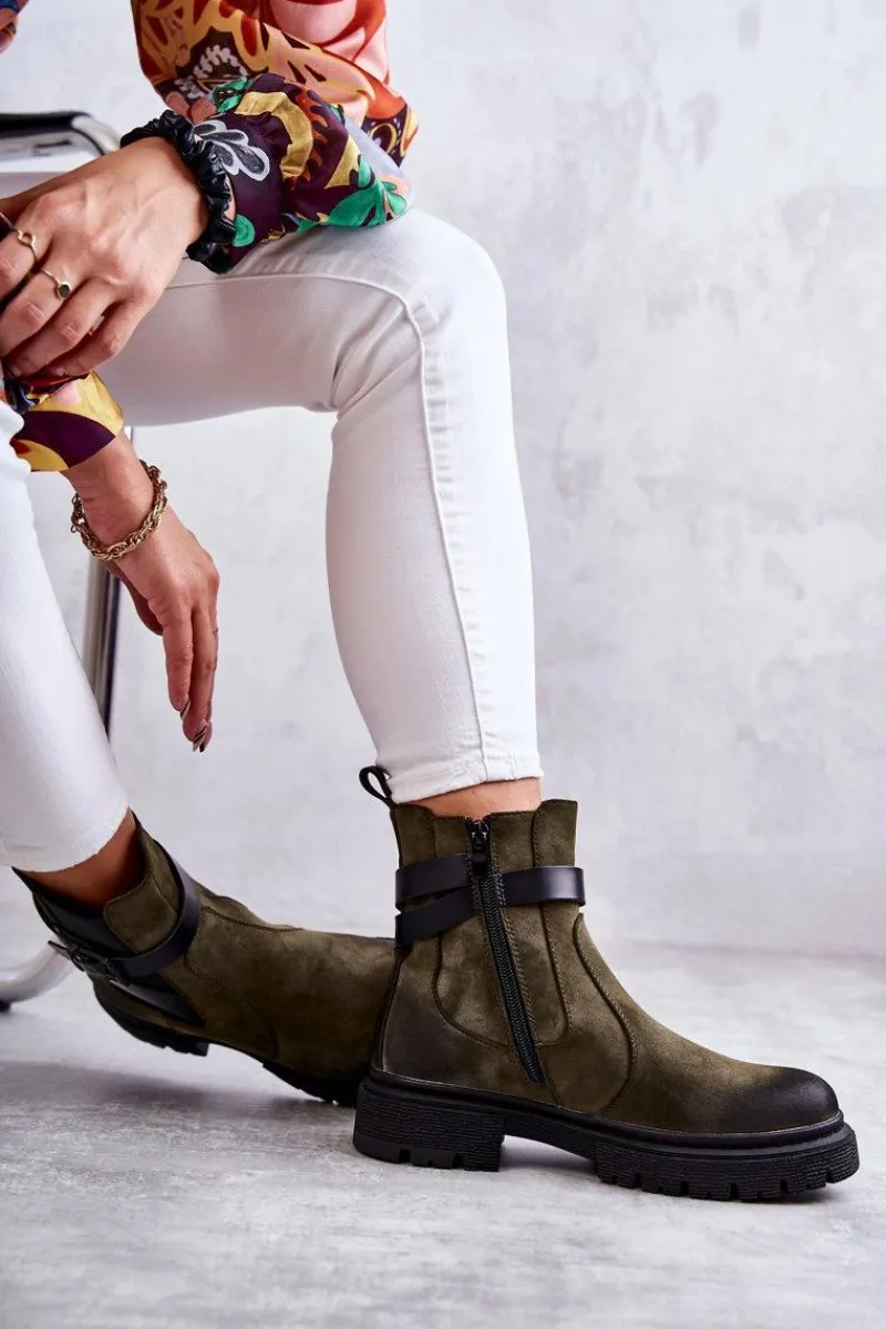 Botki Zimowe Damskie|Brązowe I Beżowe Botki>Boto Damskie Ocieplane Botki Sztyblety Z Paskiem Zielone Jose