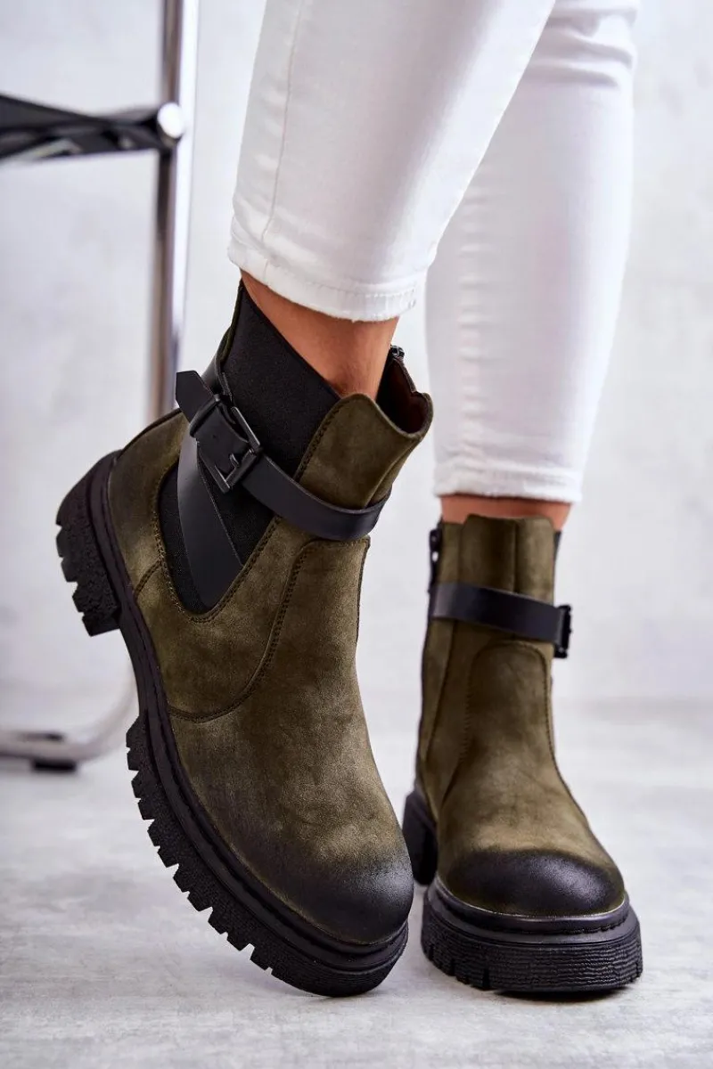 Botki Zimowe Damskie|Brązowe I Beżowe Botki>Boto Damskie Ocieplane Botki Sztyblety Z Paskiem Zielone Jose