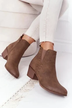 Outlet Boto Damskie Ocieplane Botki Sztyblety Na Słupku Khaki Morgan