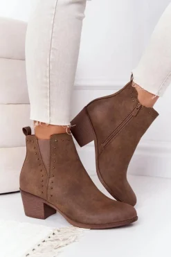 Outlet Boto Damskie Ocieplane Botki Sztyblety Na Słupku Khaki Morgan