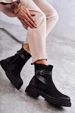 Damskie Ocieplane Botki Sztyblety Z Paskiem Czarne Jose Damskie Botki Zimowe Damskie|Brązowe I Beżowe Botki