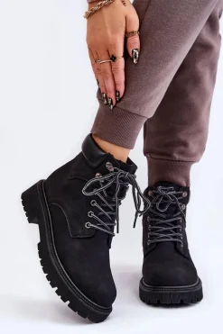 Discount Damskie Ocieplane Botki Trapery Sznurowane Czarne Halfway Damskie Damskie Trapery|Botki Sznurowane