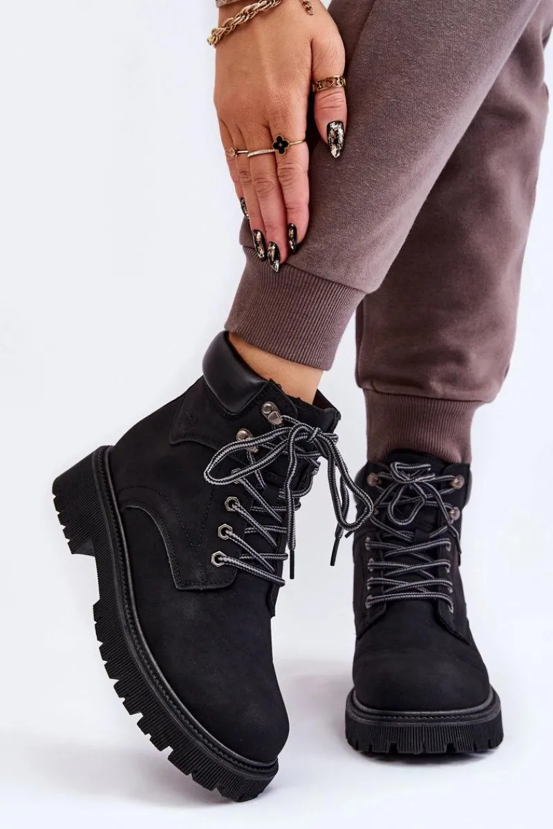 Discount Damskie Ocieplane Botki Trapery Sznurowane Czarne Halfway Damskie Damskie Trapery|Botki Sznurowane