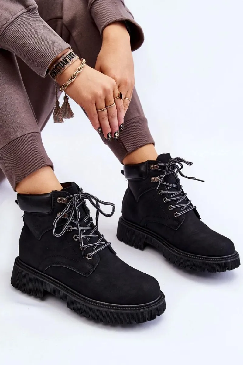 Discount Damskie Ocieplane Botki Trapery Sznurowane Czarne Halfway Damskie Damskie Trapery|Botki Sznurowane