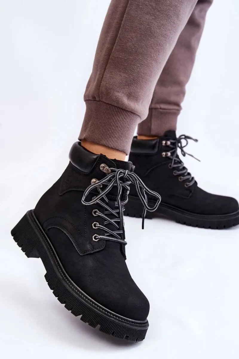 Discount Damskie Ocieplane Botki Trapery Sznurowane Czarne Halfway Damskie Damskie Trapery|Botki Sznurowane