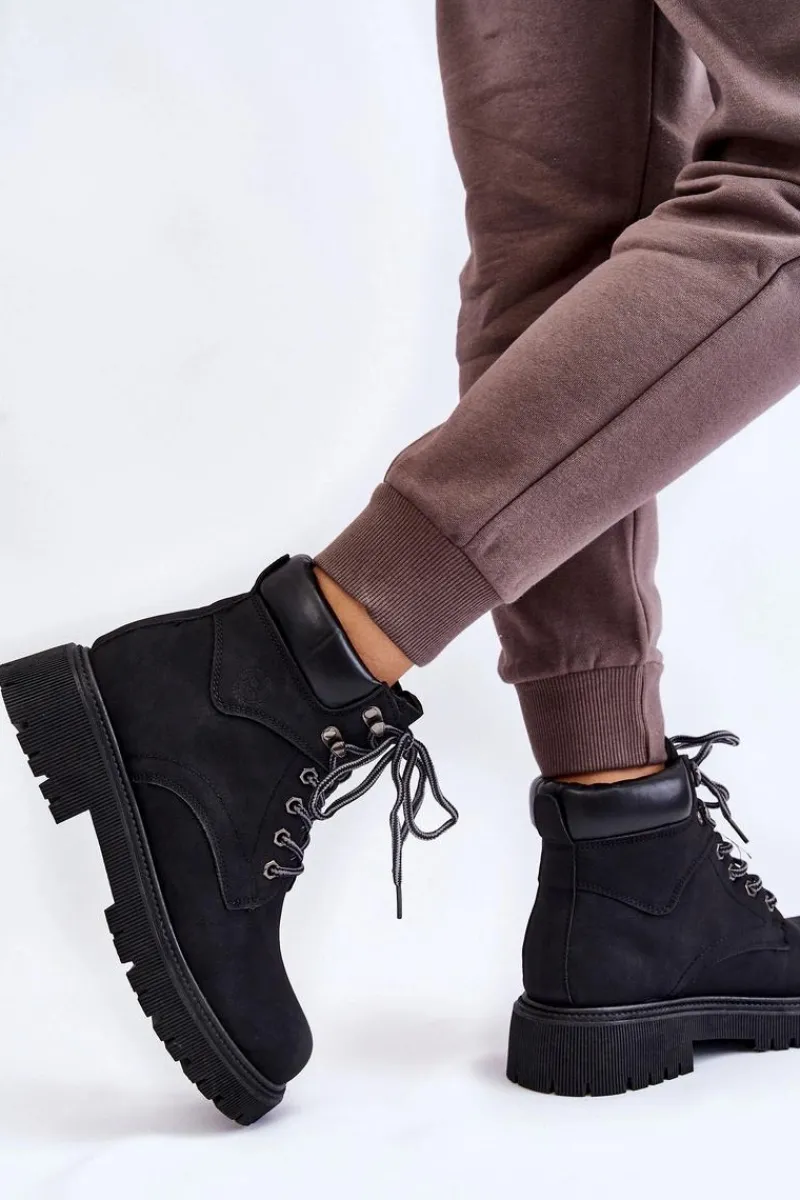 Discount Damskie Ocieplane Botki Trapery Sznurowane Czarne Halfway Damskie Damskie Trapery|Botki Sznurowane