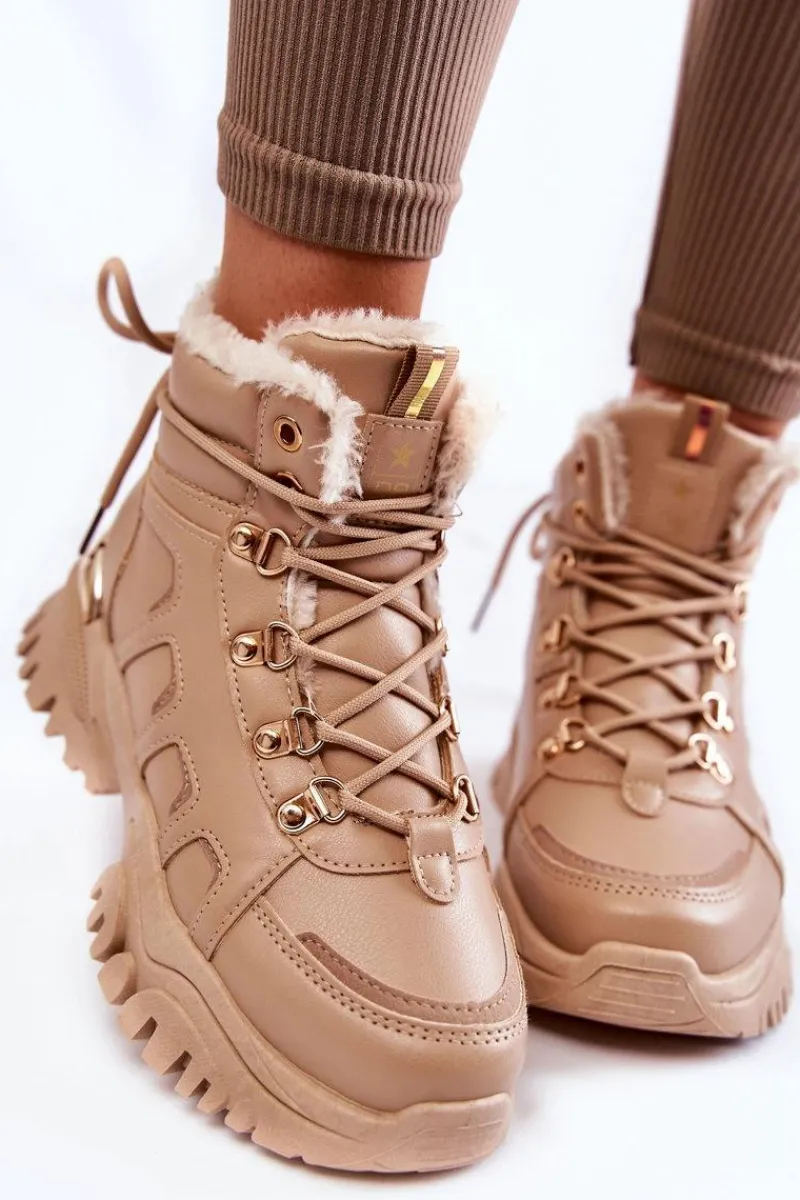 Damskie Trapery|Botki Sznurowane>Evento Damskie Ocieplane Botki Trapery Na Platformie Beżowe Ofelia