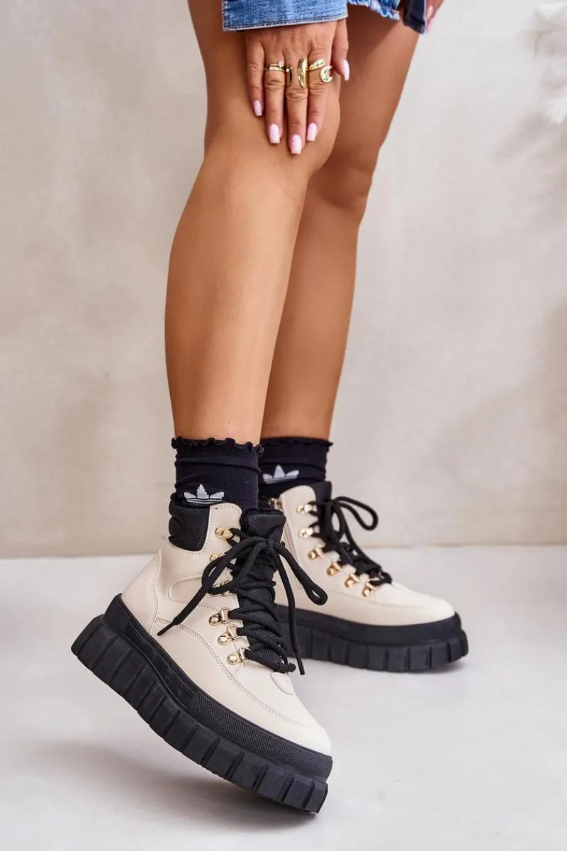 Discount Damskie Ocieplane Botki Trapery Na Platformie Beżowe Jelenia Damskie Damskie Trapery|Botki Sznurowane