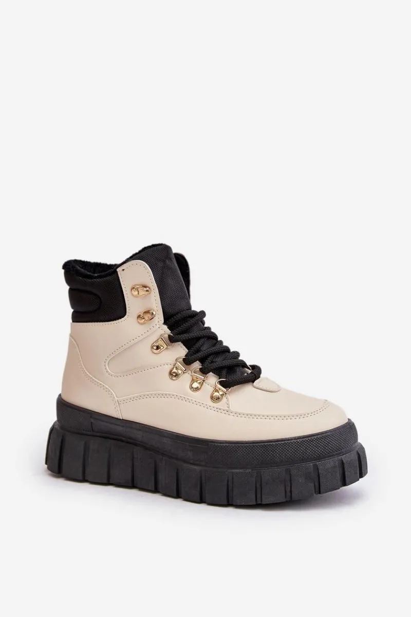 Discount Damskie Ocieplane Botki Trapery Na Platformie Beżowe Jelenia Damskie Damskie Trapery|Botki Sznurowane
