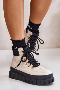 Discount Damskie Ocieplane Botki Trapery Na Platformie Beżowe Jelenia Damskie Damskie Trapery|Botki Sznurowane