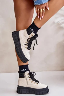 Discount Damskie Ocieplane Botki Trapery Na Platformie Beżowe Jelenia Damskie Damskie Trapery|Botki Sznurowane