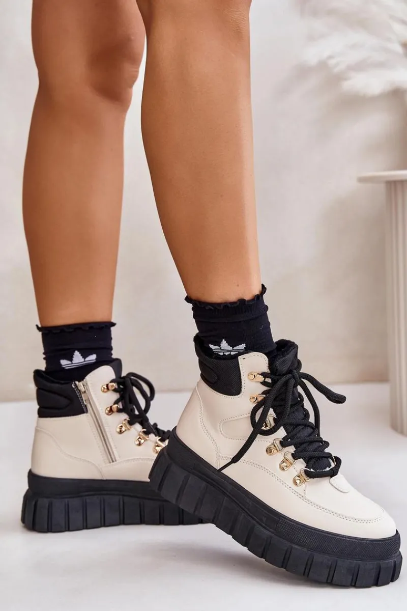 Discount Damskie Ocieplane Botki Trapery Na Platformie Beżowe Jelenia Damskie Damskie Trapery|Botki Sznurowane