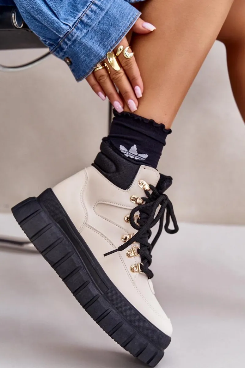 Discount Damskie Ocieplane Botki Trapery Na Platformie Beżowe Jelenia Damskie Damskie Trapery|Botki Sznurowane