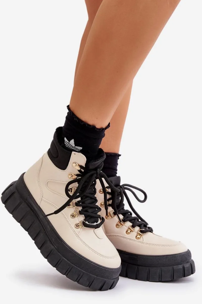 Discount Damskie Ocieplane Botki Trapery Na Platformie Beżowe Jelenia Damskie Damskie Trapery|Botki Sznurowane