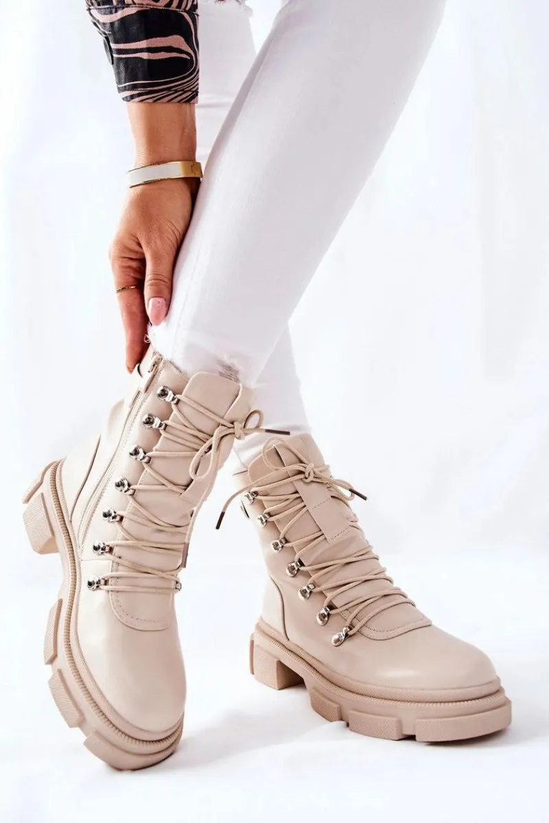 Botki Sznurowane|Botki Na Słupku>Boto Damskie Ocieplane Botki Trapery Beżowe Perfect