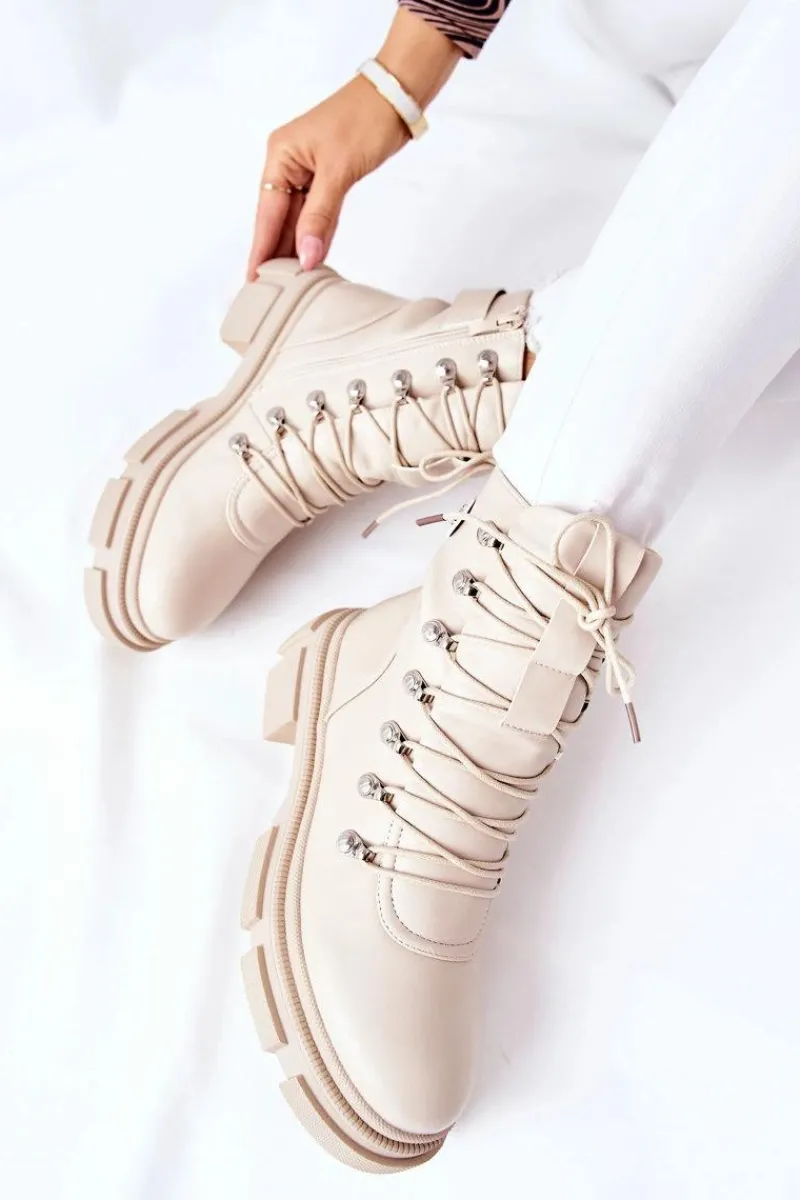 Botki Sznurowane|Botki Na Słupku>Boto Damskie Ocieplane Botki Trapery Beżowe Perfect